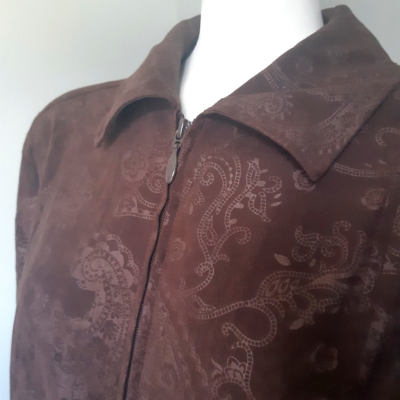 Tradition size 16 bohemian eastern feather print microsuede feel light jacket - Picture 2 of 8